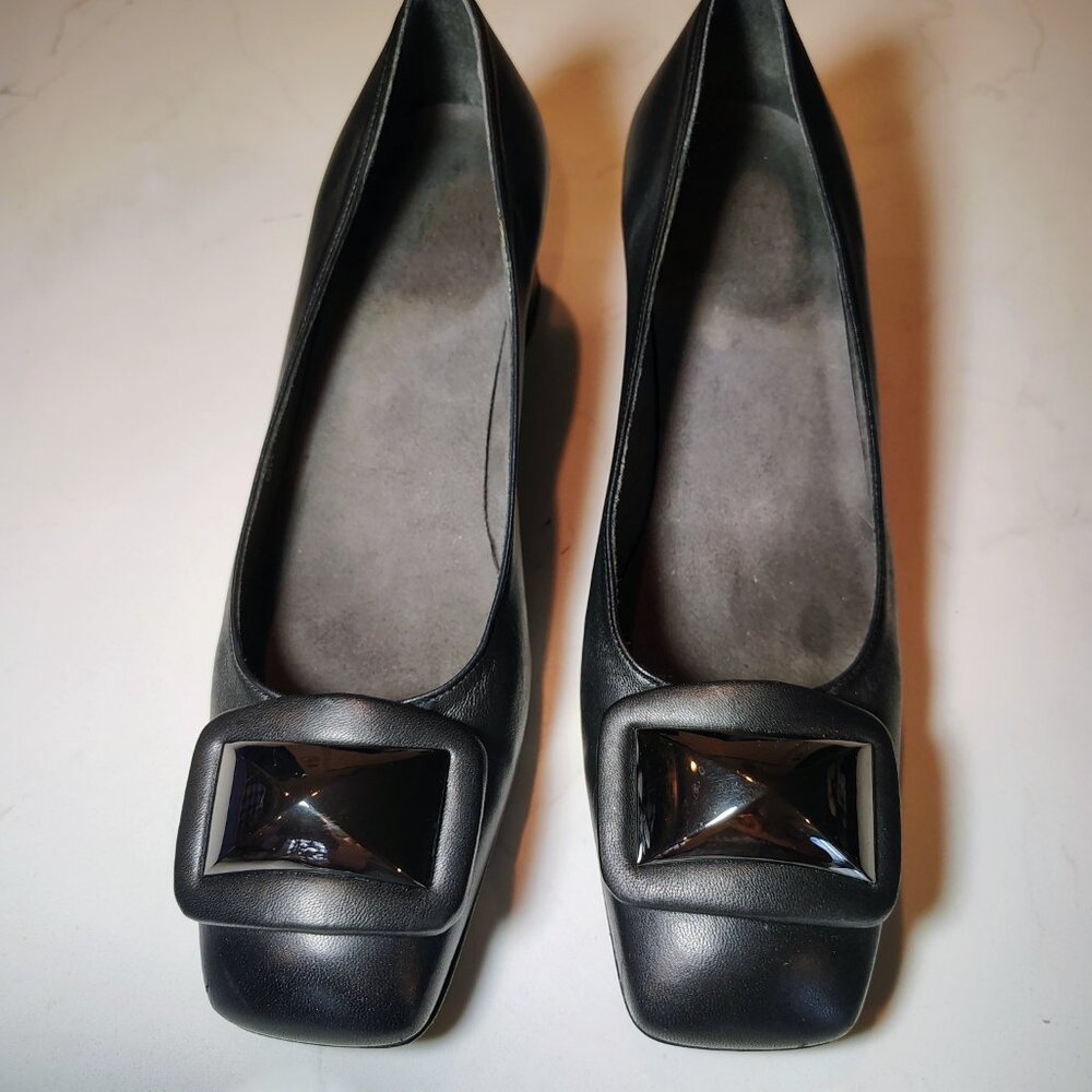 Stuart Weitzman Black Square Toe Pumps - Large Decorative Buckle